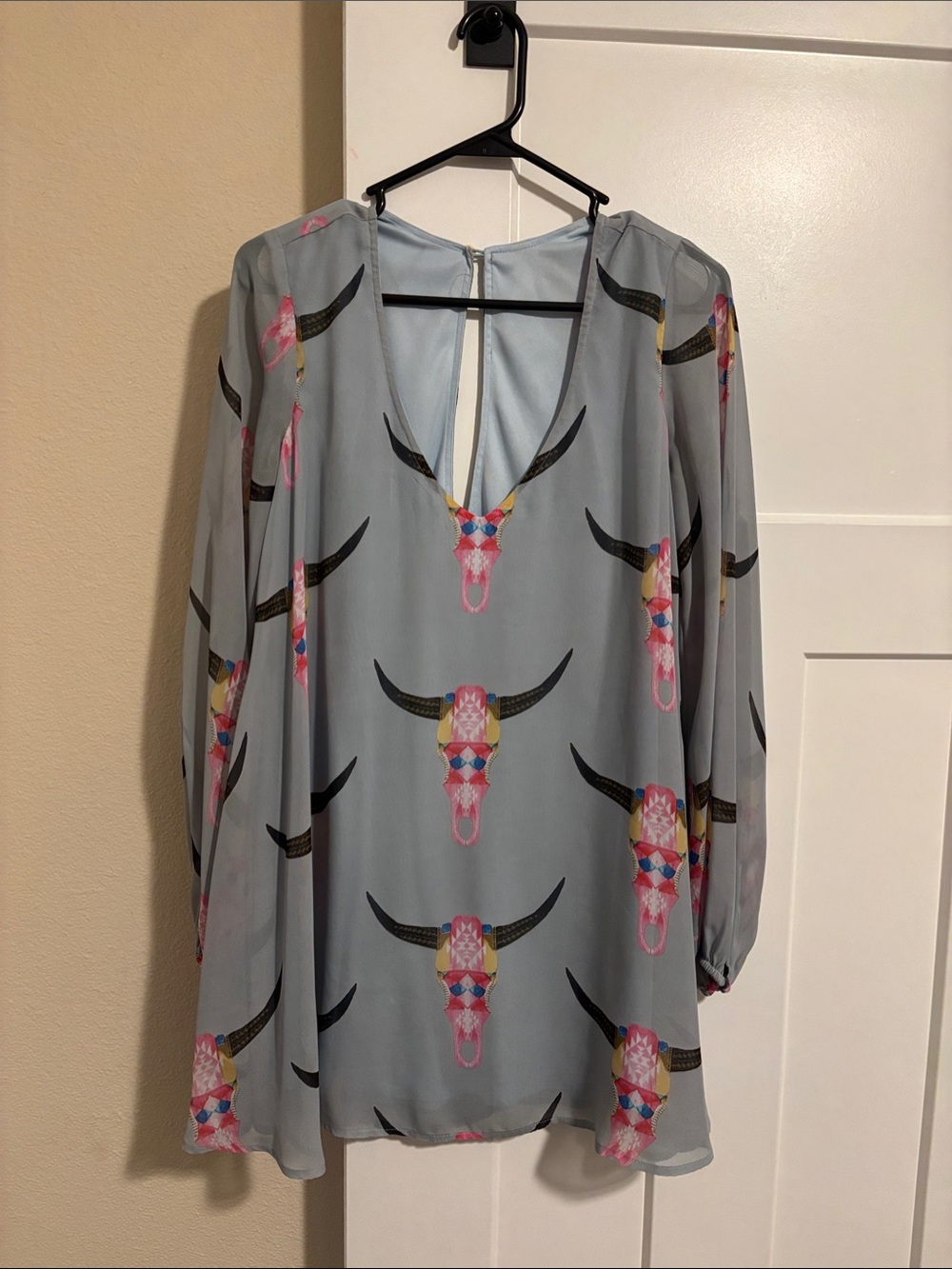 Light Blue Long Sleeve Tunic dress with Colorful Bull Skull Print